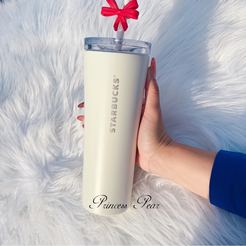 NWT❤️Starbucks 2025 Holiday Winter White SS Cold Cup Tumbler with Red Bow Topper - Picture 3 of 3